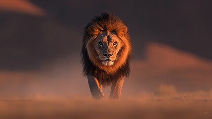 Fototapeta premium Majestic Lion Walking Through Golden Plains at Dusk in Africa