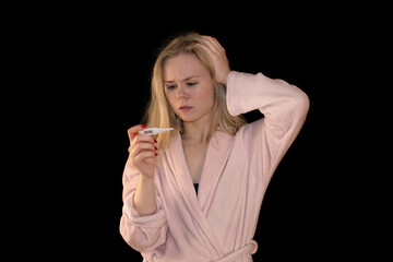 Worried Girl Checking Thermometer for Fever at Home