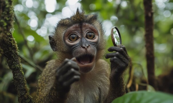 Curious Monkey Examining Its Reflection in Handheld Mirror, Surprised Expression in Jungle Setting, Exploring Self-Awareness and Animal Behavior, Generative AI - Powered by Adobe