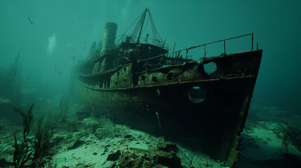Underwater background with ocean fish, sunken ship and ruins. Vector cartoon of deep seafloor with marine wildlife, treasure chest and shipwrecked steamboat