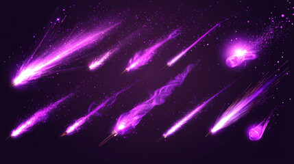 Purple fire lines with light sparks, cracker trail effect. Isolated petard sparkles, magic spell, weapon or wand trace. Bright glowing comet, flying asteroid, violet stripes, Realistic 3d vector set