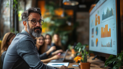Obraz premium Confident Business Leader Presenting Data Analytics in a Modern Office