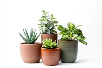 Fototapeta premium Four Vibrant Potted Plants in Terracotta Pots - A Home Decor Delight
