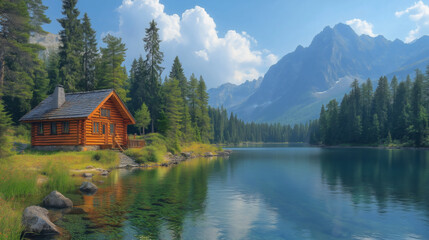 Obraz premium Log Cabin by Blue Lake and Snowy Mountains