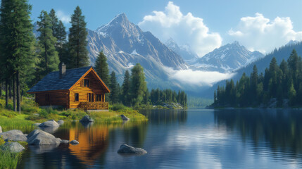 Fototapeta premium Log Cabin by Blue Lake and Snowy Mountains