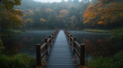 Wooden Deck Bridge Over Misty Lake