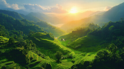 Fototapeta premium Green Valley and Mountains in Dawn Light
