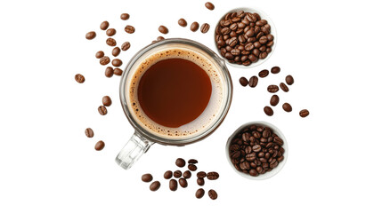 Obraz premium Freshly brewed coffee next to coffee beans on a wooden table in a cozy setting.