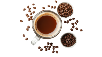 Freshly brewed coffee next to coffee beans on a wooden table in a cozy setting.