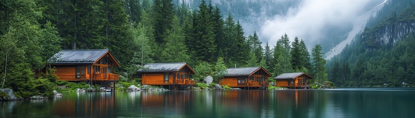 Tranquil lakeside cabins surrounded by lush forests and misty mountains create a serene, picturesque landscape.