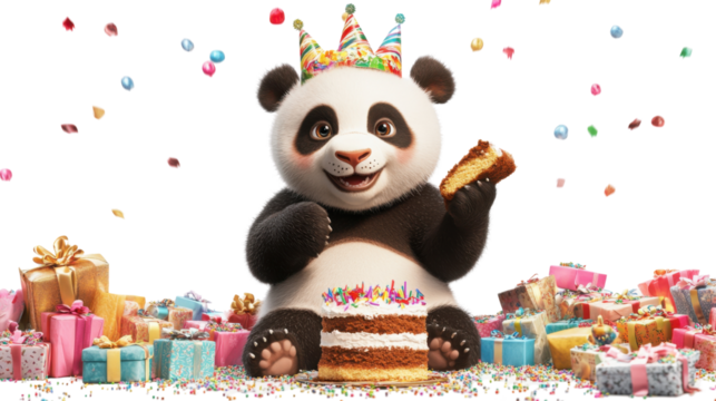 Panda bear holding a colorful birthday cake with candles in a festive setting.