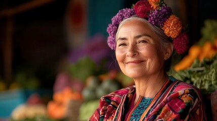 Fototapeta premium A joyful older woman with floral headwear smiles warmly amidst a vibrant market filled with fruits and flowers.