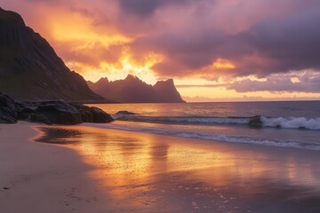 dramatic nordic sunset over rugged coastline, golden light piercing through storm clouds, waves crashing against weathered rocks, deep purples and oranges reflecting on wet sand