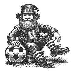 Fototapeta premium leprechaun kicking a soccer ball, holding a pot of gold, with shamrocks in the background sketch engraving generative ai raster illustration. Scratch board imitation. Black and white image.