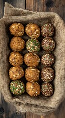 Fototapeta premium Assorted Homemade Seed & Grain Energy Balls in Burlap