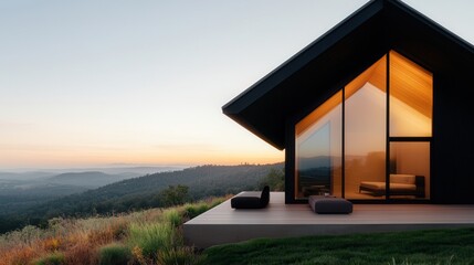Fototapeta premium A modern cabin with large windows, set against a scenic sunset backdrop, blending seamlessly with nature.