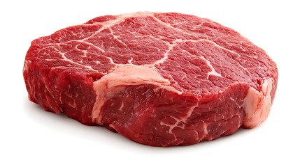 Obraz premium A fresh cut of marbled beef steak, showcasing rich red color and fat. Ideal for grilling or roasting, it promises tenderness and flavor.