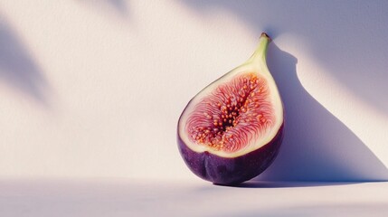 Close-up of a halved fig with its delicate pink flesh and seeds showcased against a white background