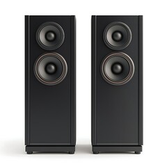 Fototapeta premium Two sleek black tower speakers featuring dual woofers, designed for powerful audio performance and a modern aesthetic.