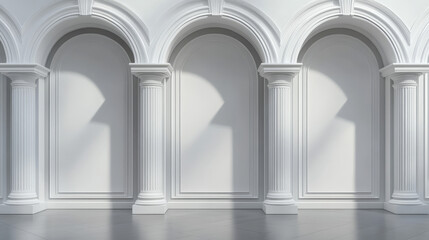 Arches in wall with columns and illuminated blank signboards, curved interior gates with white pillars and empty banners in art gallery or museum, archway classic frames, Realistic 3d vector mock up