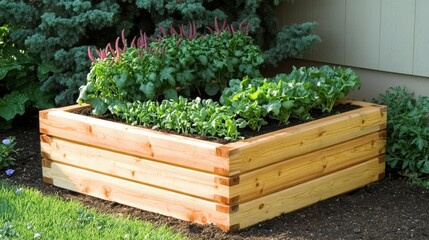Backyard Organic Vegetable Garden. Beautiful Raised Garden Bed Planter Box With Fresh Plants.