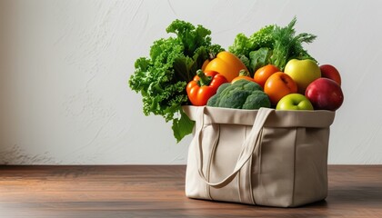 Eco-friendly reusable canvas bag filled with fresh vegetables on wooden table with copy space