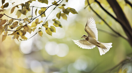 A dove symbolizing peace flying through a serene autumn forest with falling leaves and soft natural light