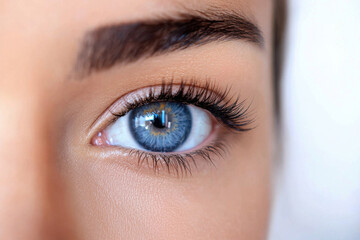 Fototapeta premium Close-up of a captivating blue eye with delicate eyelashes and defined brows.