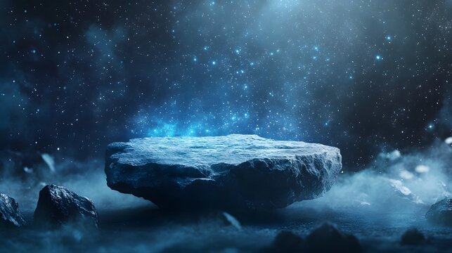 Floating Rock Pedestal Surrounded by Glowing Cosmic Particles in Futuristic and Ethereal Background