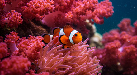 A close-up of a clownfish against a colorful coral reef backdrop, showcasing bright reds, pinks, and yellows