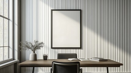 A blank poster frame on the wall of an office