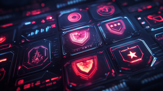 Metal military badges for war game interface. Military icons, set of army rank insignia with stars, chevrons and red pennants in neon light, vector cartoon illustration