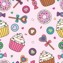 Cake, donut, sweet desserts, candy, confectionery, snacks, food, seamless pattern