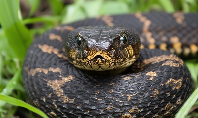 Fototapeta premium Coiled venomous snake in grass, close-up portrait, wildlife, nature photography