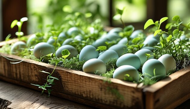 Pastel colored eggs nested in greenery with copy space