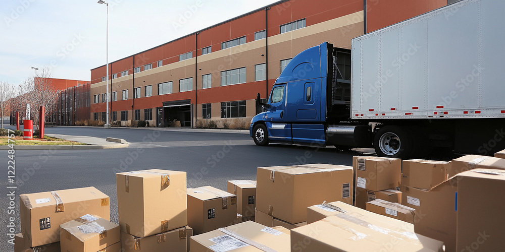 Poster Delivery truck unloading boxes at warehouse loading dock