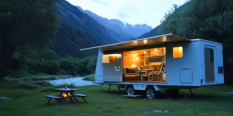 Cozy camper set up by a river in the mountains