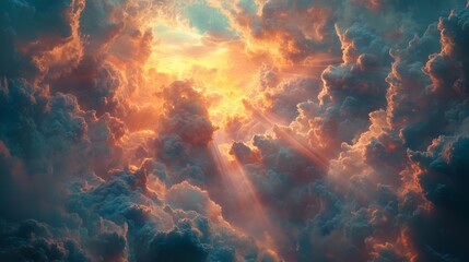 Obraz premium Dramatic sky with golden sun rays piercing through clouds. Powerful, awe-inspiring, and celestial. Perfect for inspirational, spiritual, Christian, and travel designs.