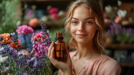 Natural beauty wellness young woman presents essential oil bottle. Herbal skincare, aromatherapy, healthy living, organic product. For beauty, health, spa, cosmetic ads, and more.