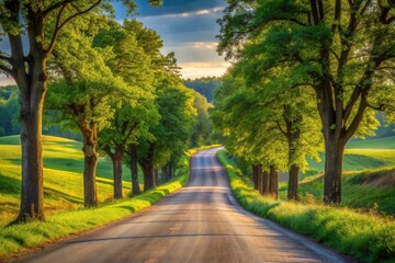 Obraz premium Serene Country Road Lined with Lush Green Trees at Sunset