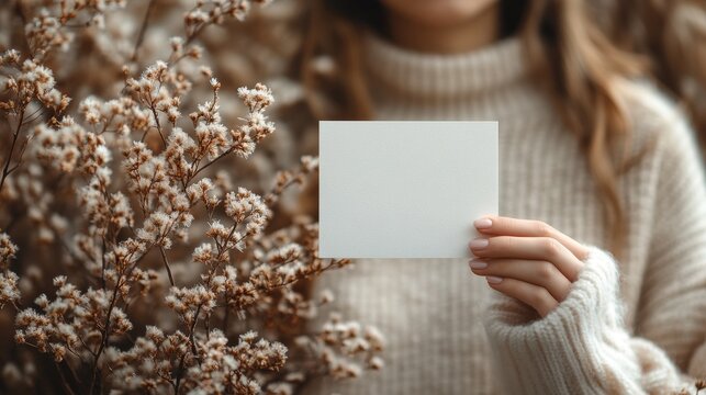 Woman holding blank card with dried flowers, mockup. Autumn, natural, warm, soft, peaceful scene. Boho, elegant, feminine, invitation, template, copy space.