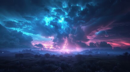 Fototapeta premium Thunderstorm displays an abstract beauty. Lightning and rain dominate the dark, stormy sky.