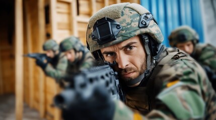 Fototapeta premium Focused Soldier Aiming with Rifle in Tactical Military Operation