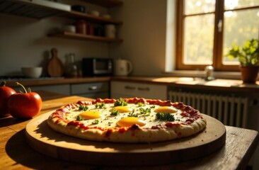 Freshly prepared pizza with sunny-side-up eggs and herbs in a modern kitchen, showcasing a warm and inviting cooking environment