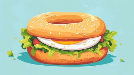 Watercolor Toasted Bagel with Egg and Salad, Hand Drawn Color Illustration for Print, Web and Textile