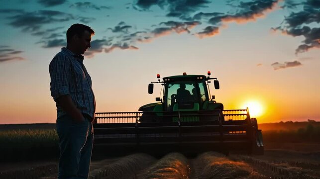 Silhouette of farmer at sunset with tractor.