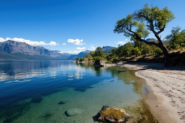 Fototapeta premium A breathtaking lakeside scene showcasing calm waters, majestic mountains, and a radiant sky, inviting tranquility and connection to nature's beauty.