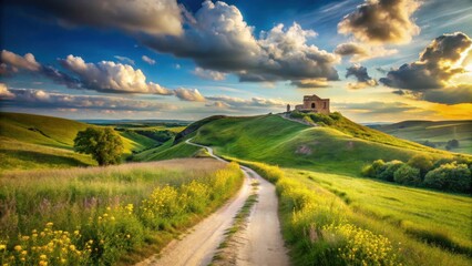 Obraz premium Serene Sunset Landscape Featuring a Rustic Structure on a Rolling Hillside, with a Winding Dirt Road Leading to It, Bathed in Golden Hour Light