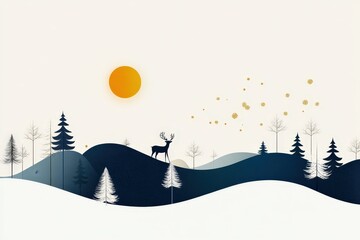 A minimalist winter scene featuring a majestic deer standing on snow-covered hills with a bright sun shining above, evoking feelings of calmness and serenity in nature.