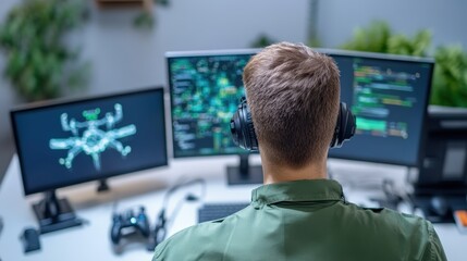 Young Male Coder Working on Multiple Monitors in Modern Workspace
